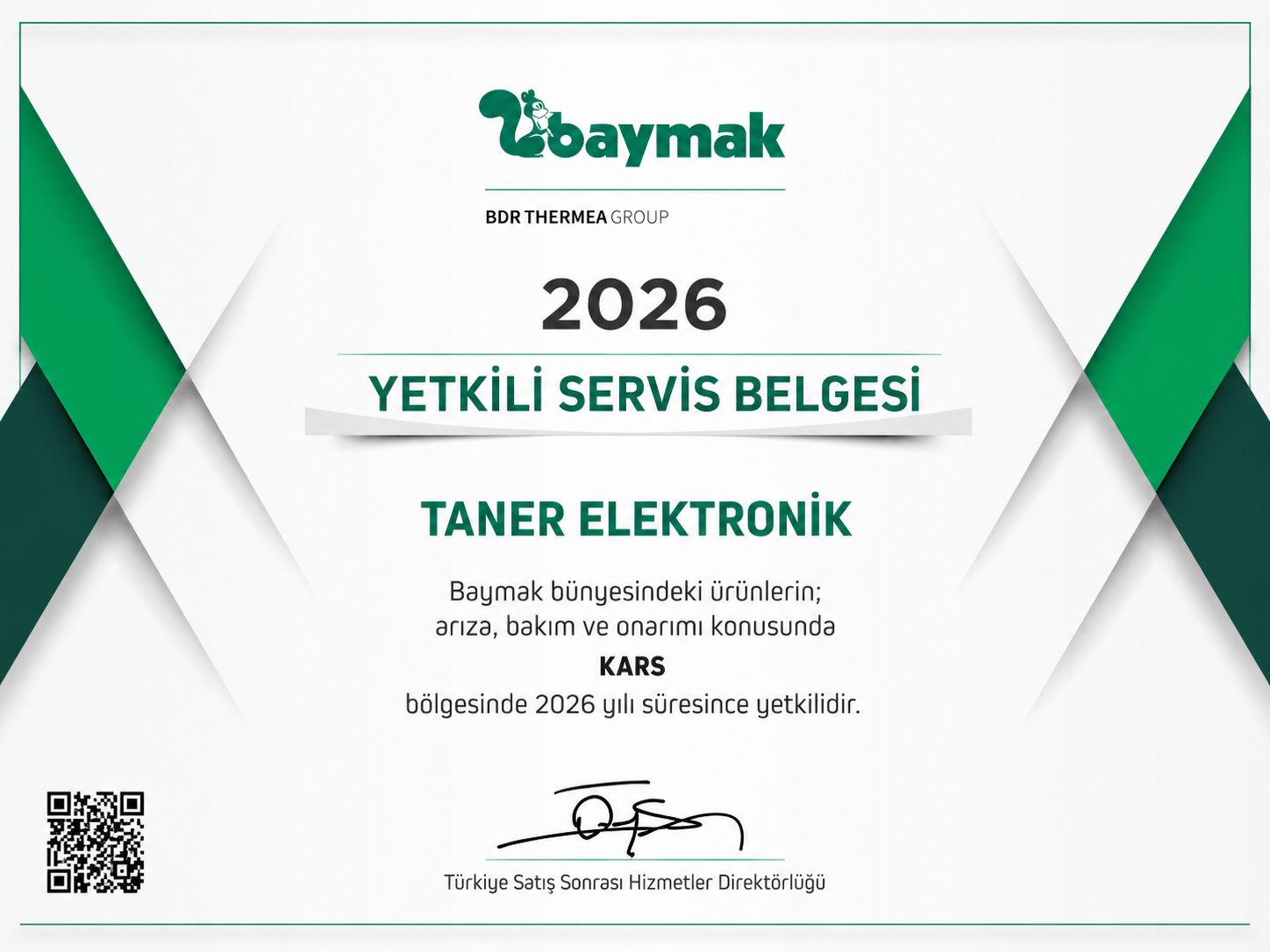 Taner Elektronik · 2026 Baymak Yetkili Servis Belgesi · Kars